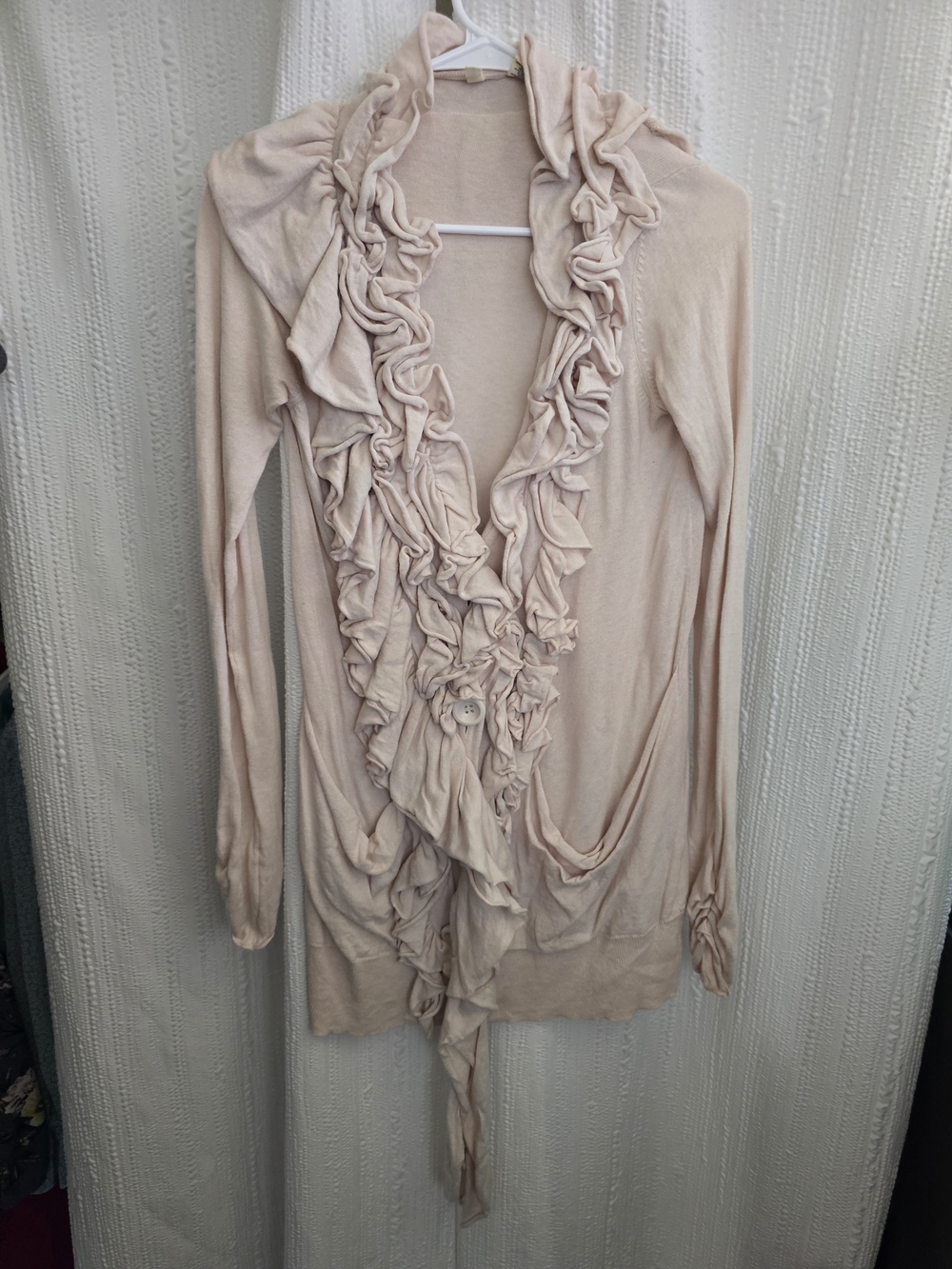Womens Size Small Moth Light Pink Ruffled Open-Front Cardigan